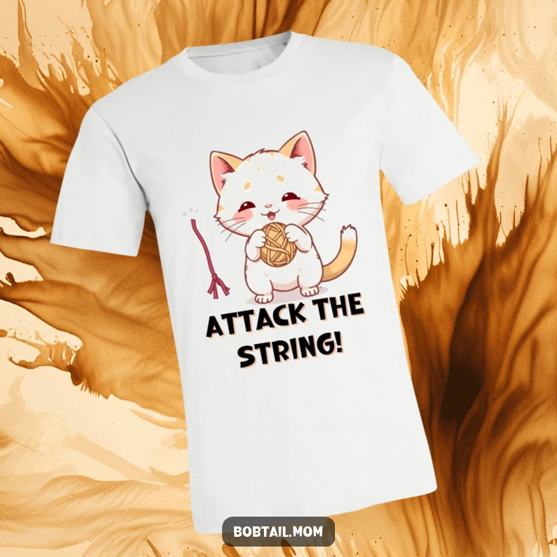 Funny t-shirt with a playful Bobtail cat actively batting at a dangling ball of yarn, showcasing feline mischief.