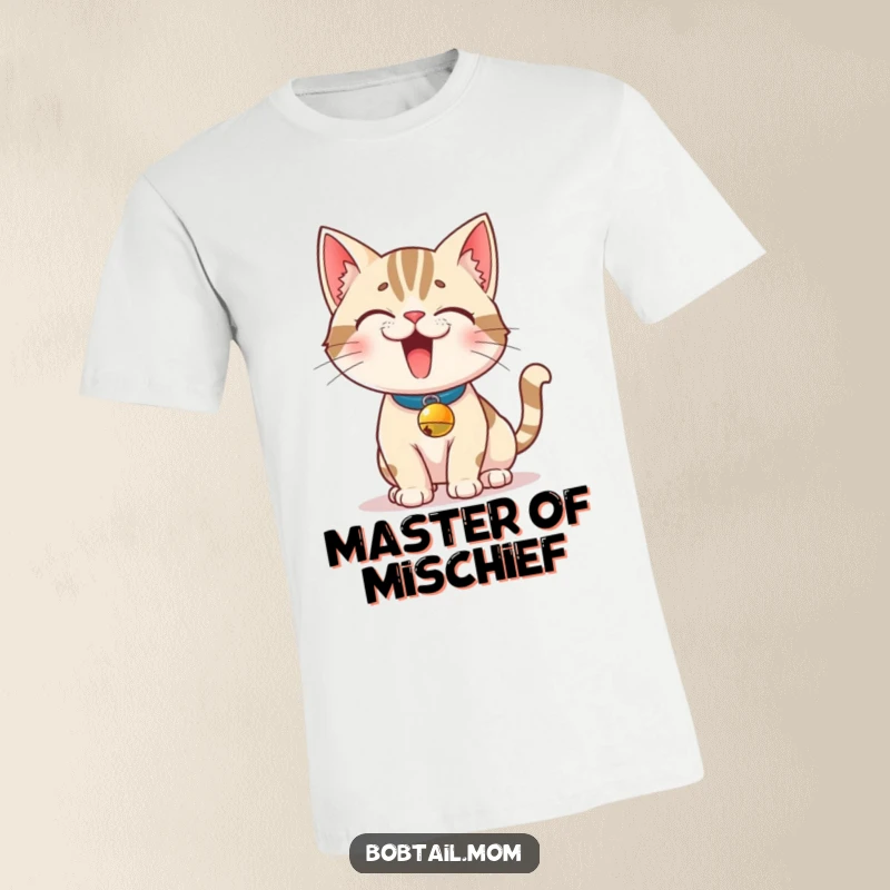 Funny Bobtail Cat T-Shirt: A mischievous Bobtail cat sporting a tiny bell collar strikes a sassy pose, perfect for cat lovers.