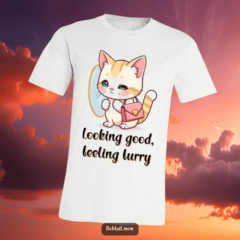 Funny Bobtail cat with a tiny purse looking at its reflection. A stylish and humorous t-shirt, perfect gift for fashionistas.