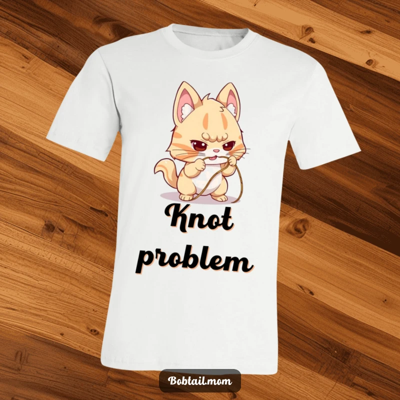 Funny Bobtail T-Shirt showcasing a dog with a determined expression, struggling to untangle a knotted string, representing focused effort.
