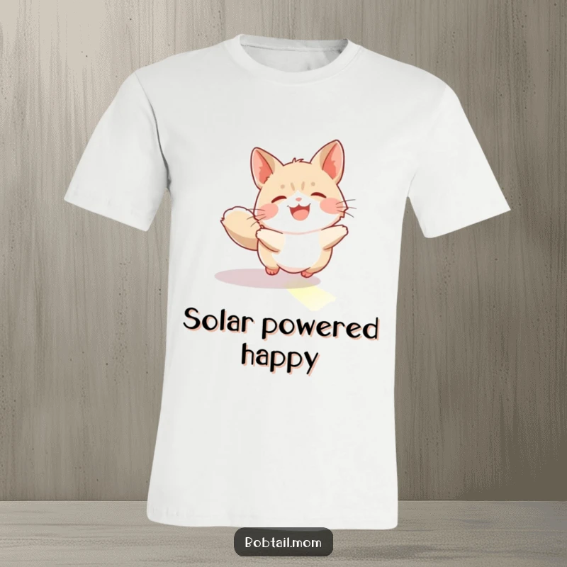 Funny Bobtail T-Shirt: A bobtail cat joyfully chasing a sunbeam, perfect for a happy and humorous apparel gift.