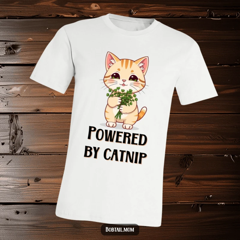 Funny Catnip Bobtail Cat T-Shirt: Cat carrying a catnip bouquet, radiating joy and humor.