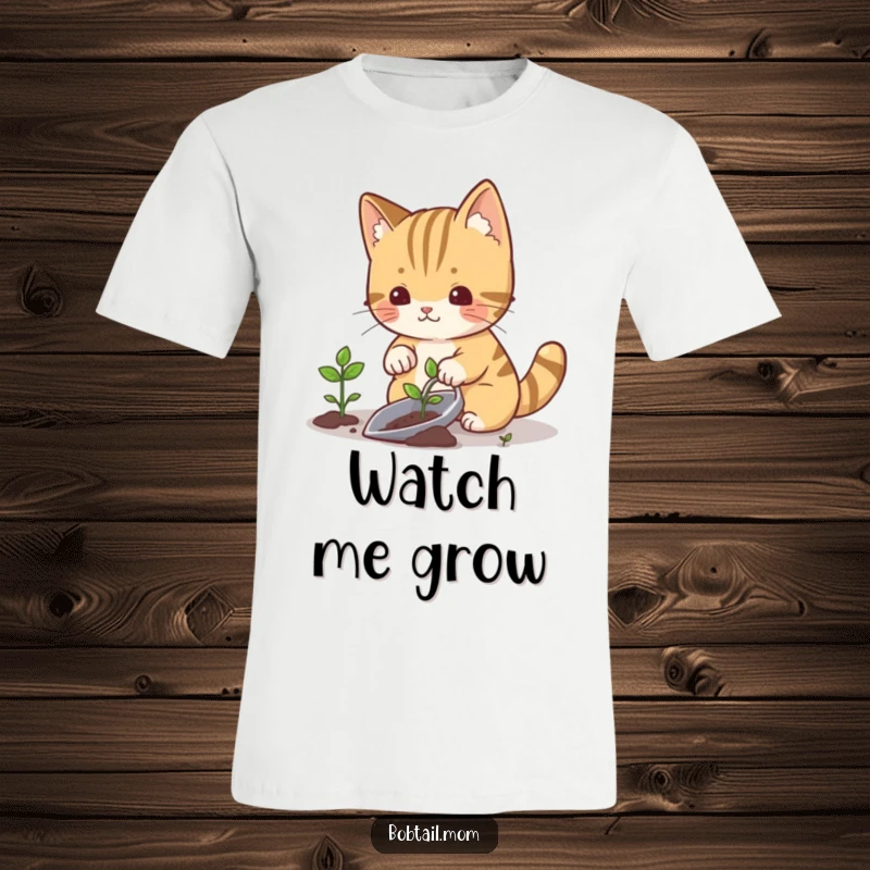 Funny bobtail cat using a gardening trowel to plant a tiny sprout, embodying dedication, great for a t-shirt.