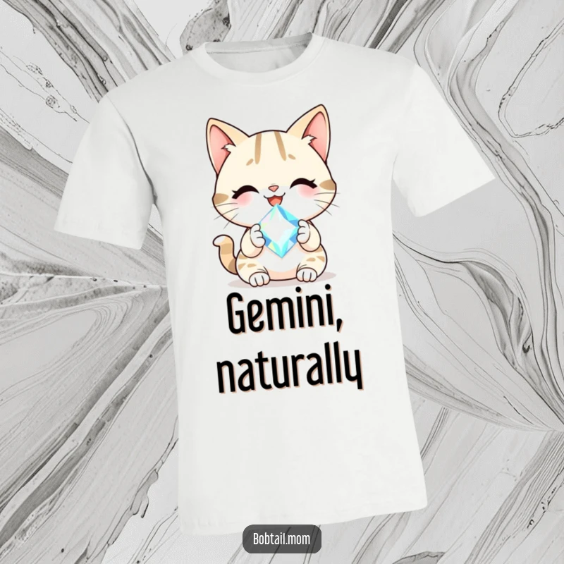 Funny Bobtail cat with a cheerful smile holding a sparkling gem, printed on a soft, vibrant t-shirt.