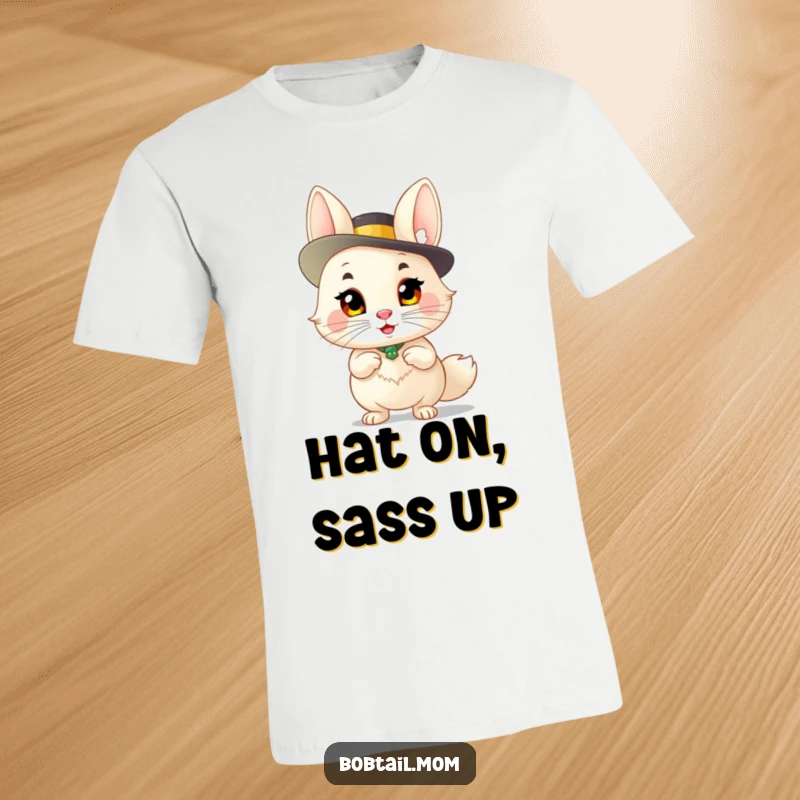 Funny Bobtail T-Shirt: A stylish bobtail cat dons a fancy hat, striking a sassy pose, making it a humorous apparel gift.