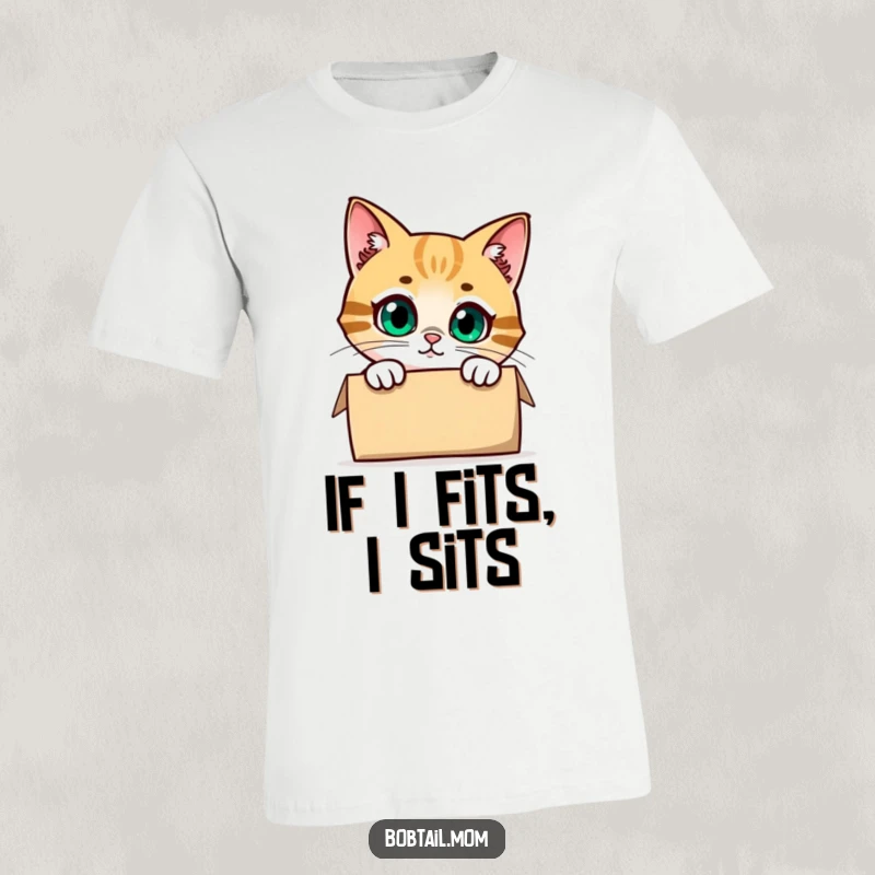 Funny Bobtail Cat T-Shirt designed with a cute cat’s face peeking curiously from a partially opened box, showcasing intrigue and humor.