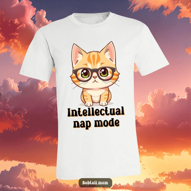 Funny bobtail cat with big glasses, looking inquisitive and thoughtful, on a stylish t-shirt design.