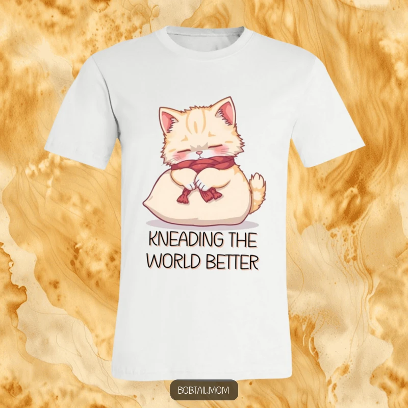 Funny fluffy Bobtail cat in a yarn scarf, enthusiastically kneading a cushion on this t-shirt.