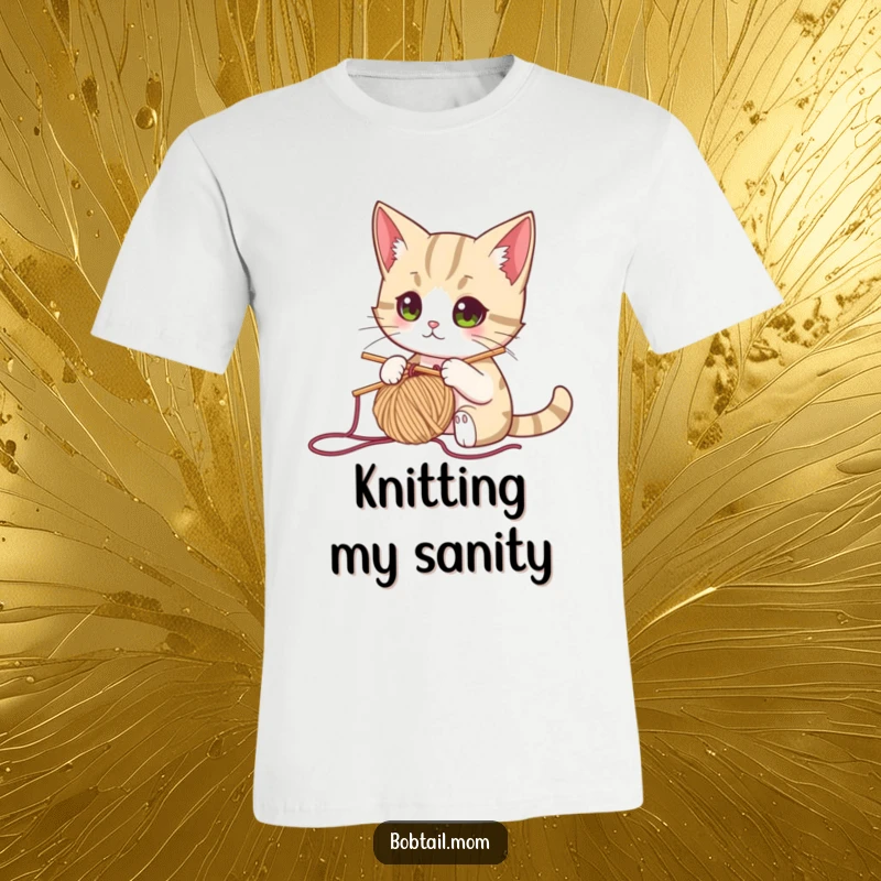 Funny bobtail cat with a knitting needle and yarn, looking focused, radiating crafty humor on a graphic tee.