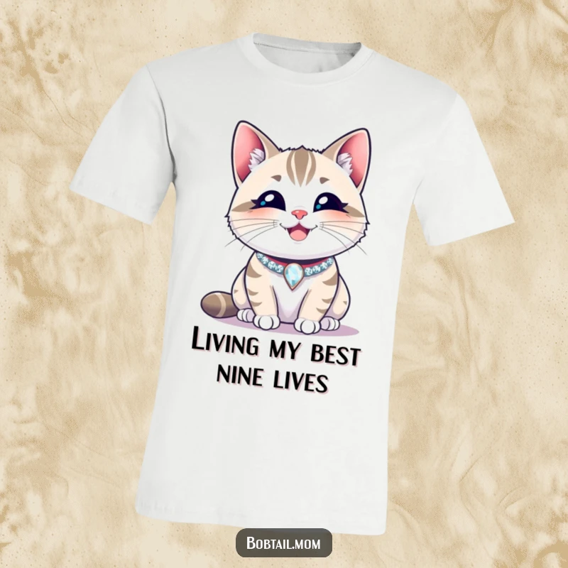 Funny Bobtail cat wearing a sparkling collar, smiling contentedly. A happy and humorous t-shirt, perfect gift for cat lovers.