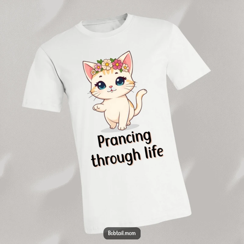 Funny T-shirt showing a bobtail cat wearing a flower crown, prancing with glee, capturing a spirit of cheerful abandon.