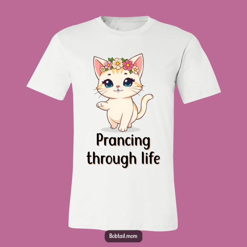 Funny Bobtail Cat Flower Crown T-Shirt: Gaily Prancing Hilarious Tee for Happy Vibes