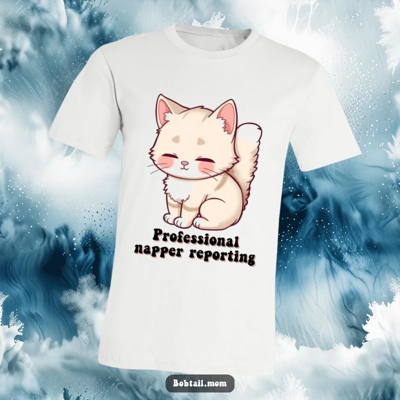 Funny Bobtail Cat T-Shirt showcasing a fluffy-tailed cat lounging in pure bliss, a perfect representation of comfort and happiness.