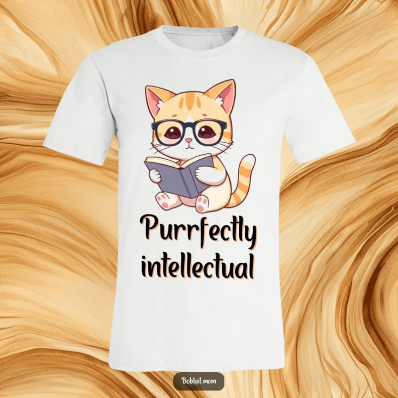 Funny Bobtail cat character wearing small spectacles, looking focused while reading a book, perfect for book lovers.