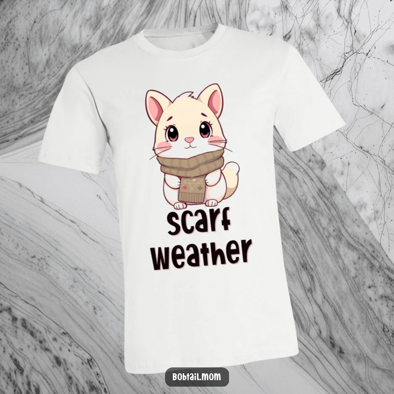 Funny Bobtail T-Shirt showing a dog wearing a snugly knitted scarf, looking cozy and attentively cute, ideal for winter warmth.