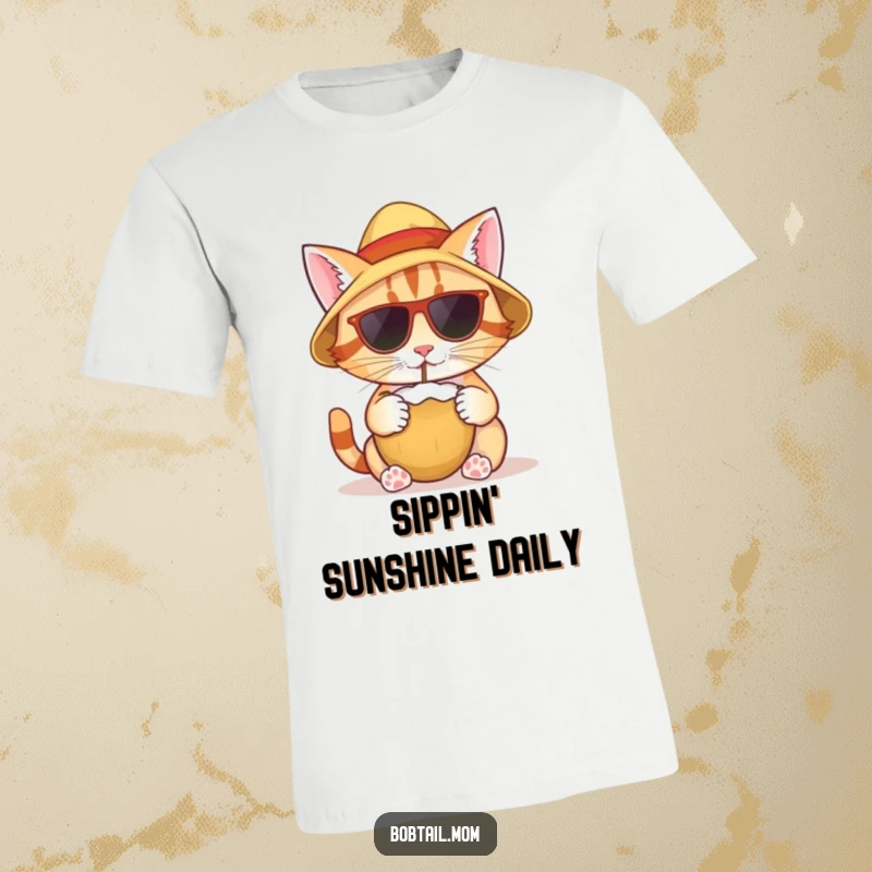 Funny T-shirt showing a bobtail cat wearing a sun hat, happily sipping from a coconut, exuding a chill island vibe.