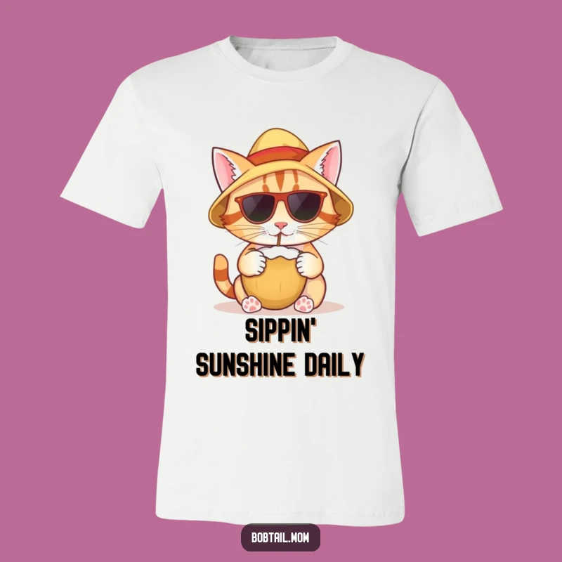 Funny Bobtail Cat Tropical T-Shirt: Coconut Sipping Hilarious Tee for Sunny Days