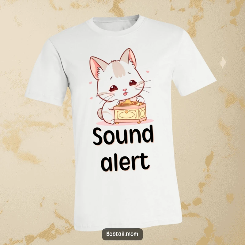 Funny Bobtail T-Shirt showing a dog with twitching ears, captivated by a tiny music box, a humorous design for music and pet fans.