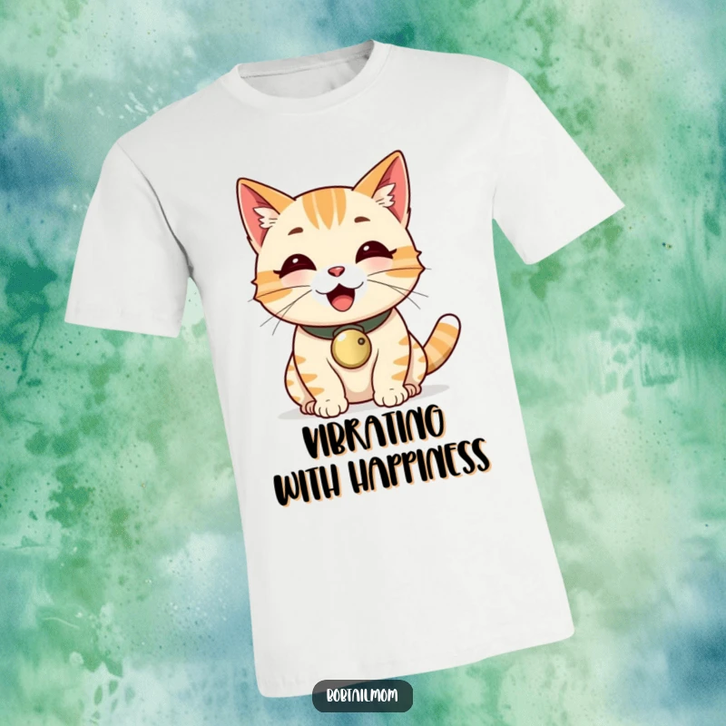 Funny, happy Bobtail cat wearing a bell collar, captured mid-purr on this t-shirt.