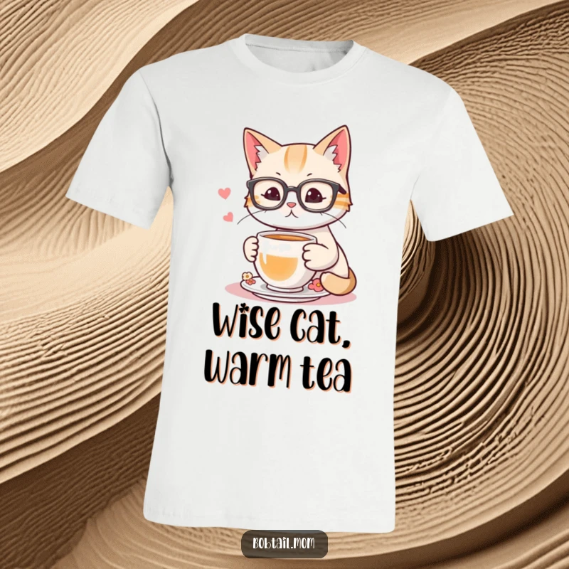 Funny T-shirt showing a bobtail cat wearing reading glasses, sipping tea, radiating a calm and studious personality.