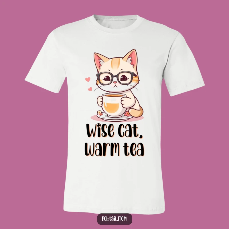 Funny Bobtail Cat Reading Tee: Hilarious Glasses & Tea Shirt for Cozy Vibes