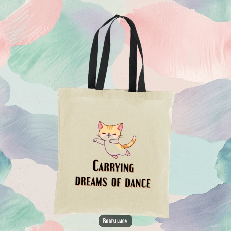 Funny Bobtail cat in ballet slippers, mid-leap, making this tote bag a stylish and humorous accessory for dancers.