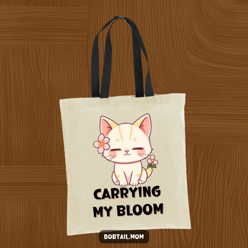 Funny Bobtail Cat Tote Bag featuring a serene cat with a flower behind its ear, perfect for carrying with peaceful humor.