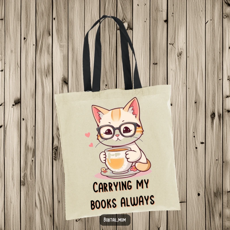 Funny tote bag featuring a bobtail cat with reading glasses, enjoying tea, celebrating a love for books and comfort.