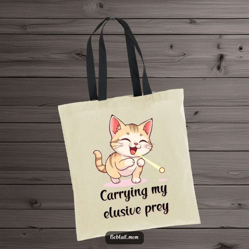 Funny Bobtail cat tote bag showcasing a gleeful cat’s frantic chase after a laser pointer dot, perfect for carrying groceries or essentials.