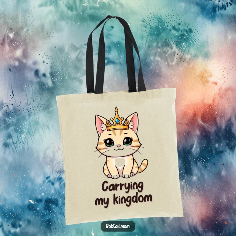 Funny tote bag with a majestic bobtail cat king design, ideal for carrying royal decrees or daily necessities with flair.