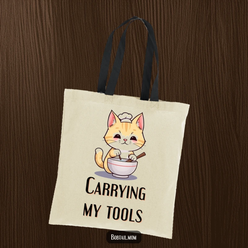 Funny Bobtail cat chef with a tiny hat stirring a bowl, printed on a durable, fashionable tote bag.