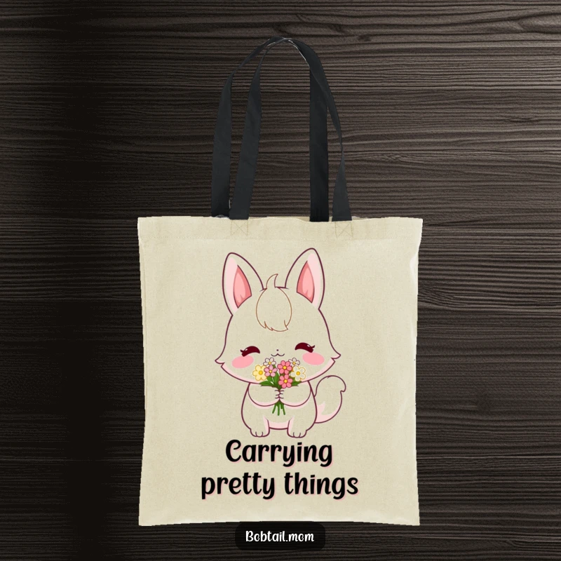 Funny Bobtail Tote Bag: A shy bobtail cat offering flowers, perfect for a heartwarming and humorous tote.