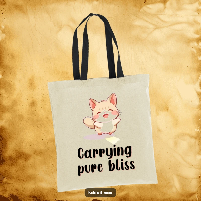 Funny Bobtail Tote Bag: A bobtail cat joyfully chasing a sunbeam, perfect for a happy and humorous tote.