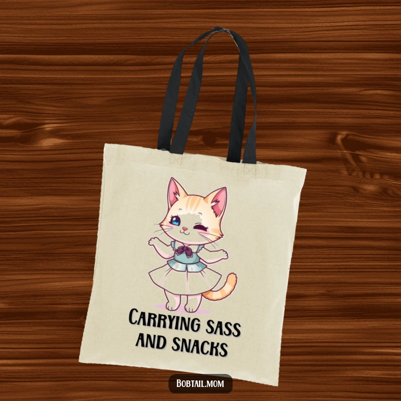 Funny Bobtail Cat Tote Bag: Graceful feline in a dress, twirling joyfully, adding a stylish and funny element.
