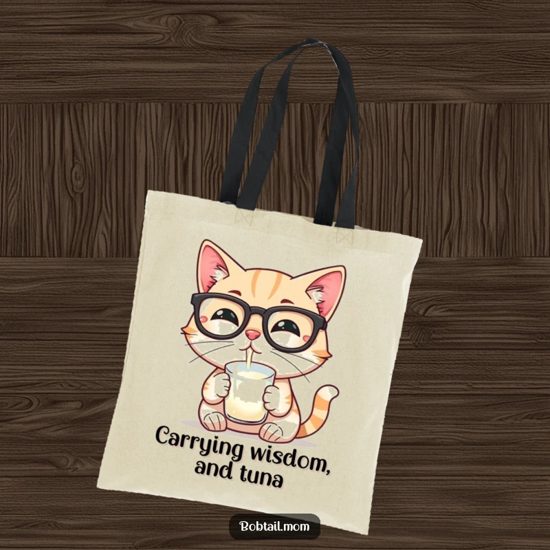 Funny tote bag featuring a Bobtail cat wearing reading glasses and sipping milk, perfect for carrying books and essentials.