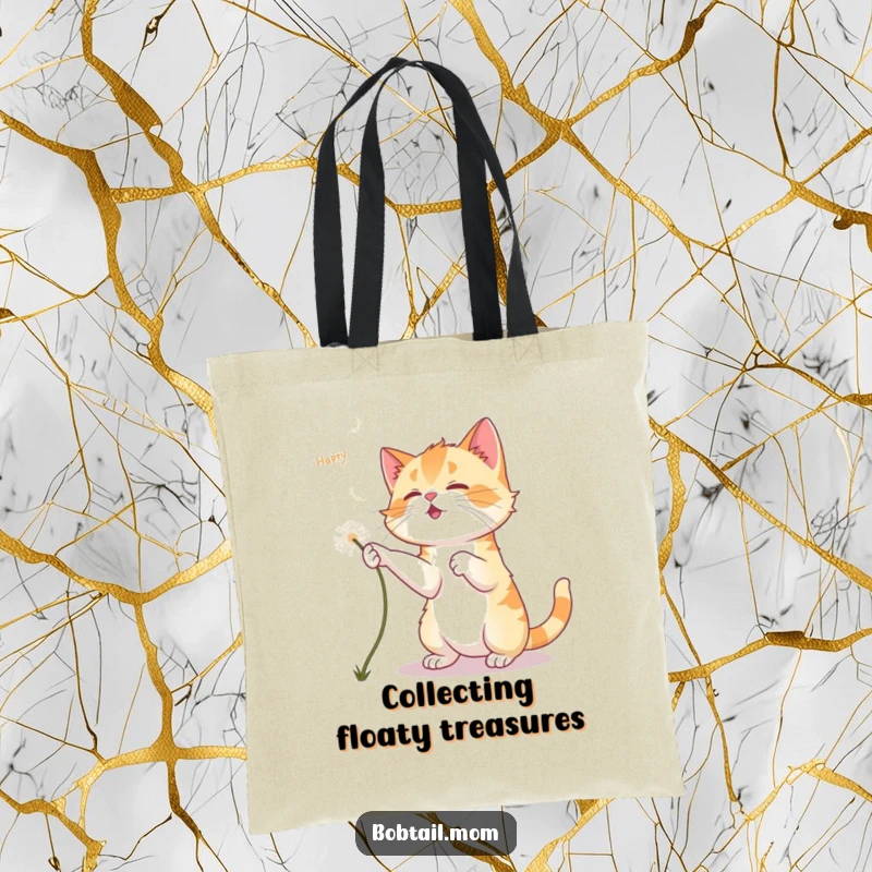Funny Bobtail Cat Tote Bag: A Bobtail cat playfully chases a falling dandelion fluff, ready to carry your items with whimsy.