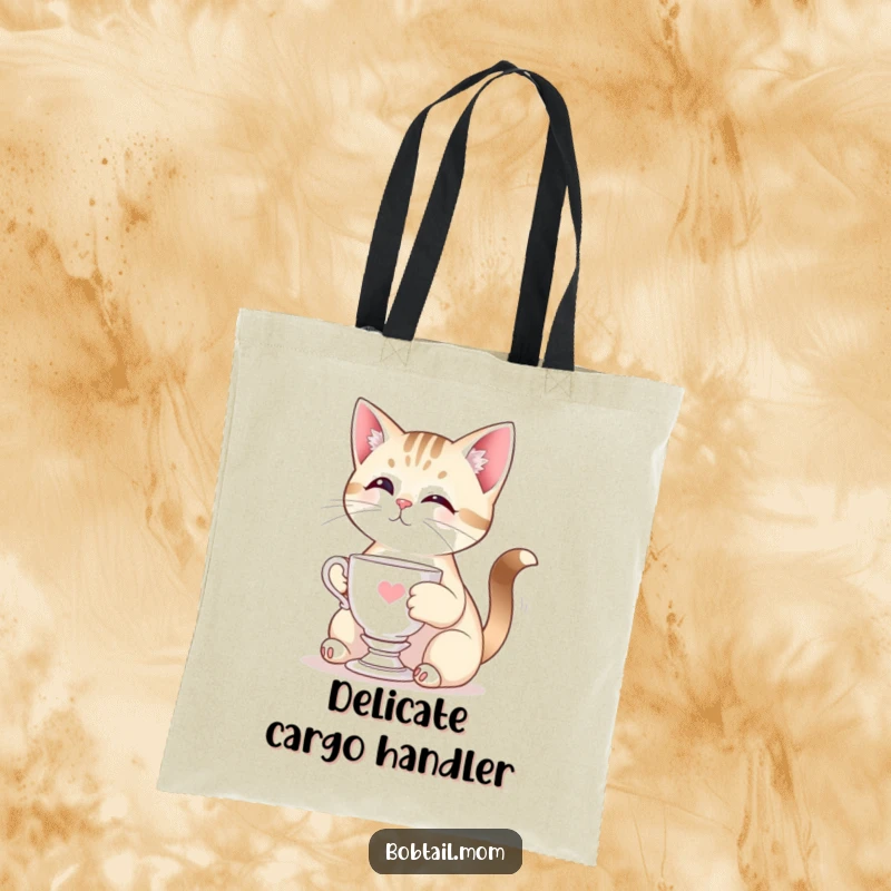 Funny Bobtail cat posing elegantly with a miniature teacup, making this tote bag a chic and humorous accessory.