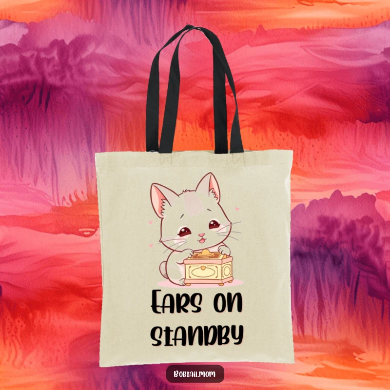 Funny Bobtail Tote Bag featuring a dog with perked ears listening to a tiny music box, a humorous and practical accessory for pet lovers.