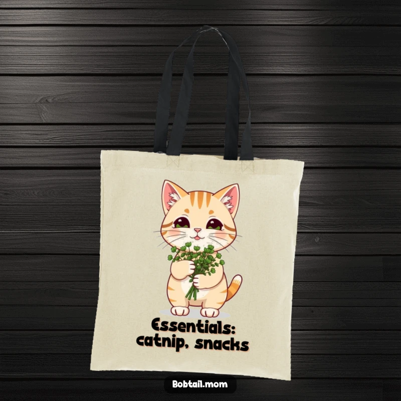 Funny Catnip Bobtail Cat Tote Bag: Cat carrying catnip bouquet, a stylish and funny accessory for happy outings.