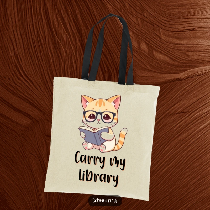 Funny Bobtail cat with spectacles reading a book, depicted on a practical and stylish tote bag for book lovers.