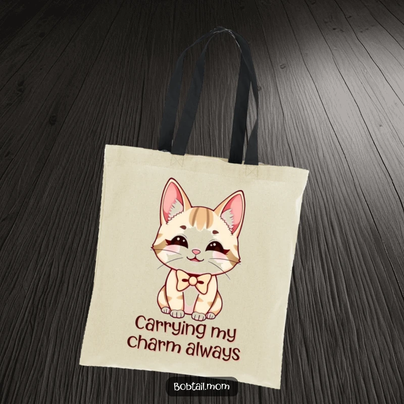 Funny Bobtail Cat Tote Bag with a charmingly smiling cat sporting a neat bowtie, perfect for stylish, humorous carrying.