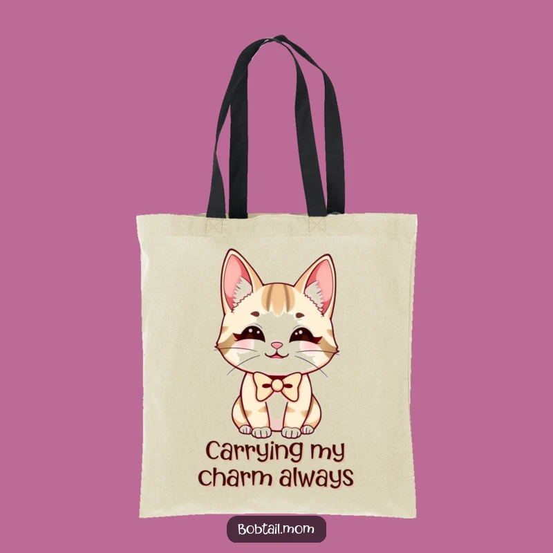 Funny Bobtail Cat Bowtie Tote Bag: Chic Smiling Feline Carryall, Ideal Funny Gift