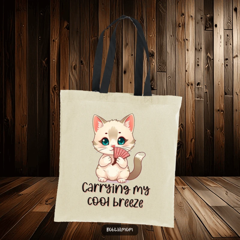 Funny chic Bobtail cat fanning itself with a decorative fan. A humorous tote bag for stylish cat lovers, a wonderful gift.
