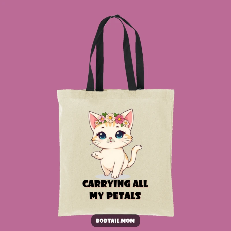 Funny Bobtail Cat Flower Crown Tote Bag: Carry Joy with Hilarious Prancing Style