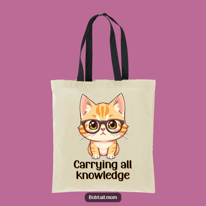 Funny Bobtail Cat Glasses Tote Bag: Curious Reader Bag Gift