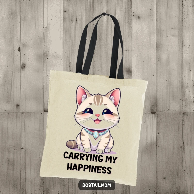 Funny Bobtail cat wearing a sparkling collar, smiling contentedly. A humorous tote bag for happy cat lovers, a wonderful gift.