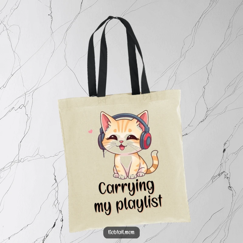 Funny Bobtail Cat Tote Bag: Cat with headphones, listening to music, a stylish and funny tote for music lovers.