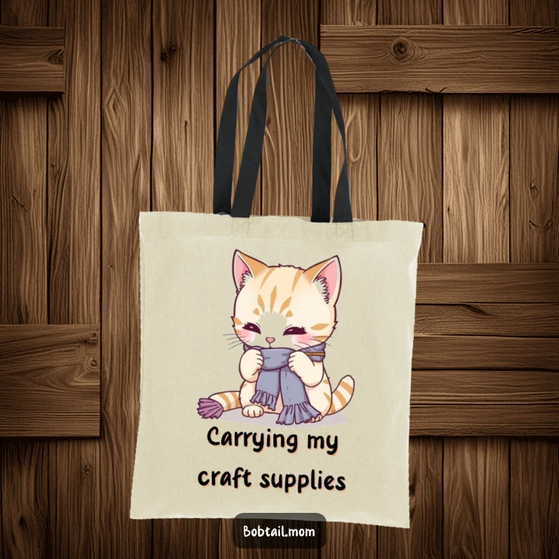 Funny Bobtail cat focused on knitting a small scarf, looking determinedly at yarn. A humorous tote bag for crafters and cat lovers, wonderful gift.