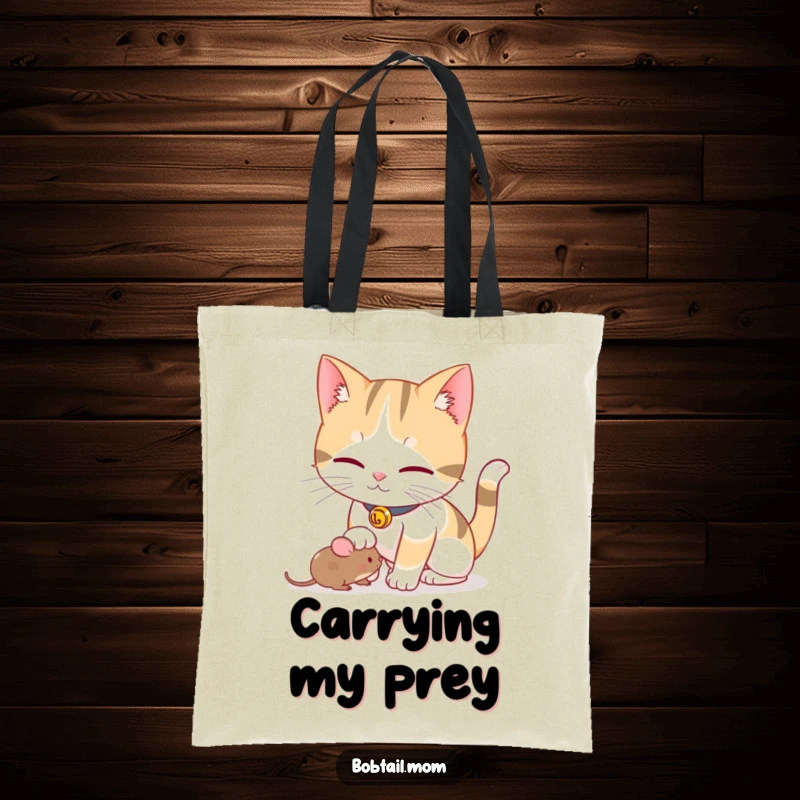Funny Bobtail cat with a bell collar playfully nudging a toy mouse, printed on a durable, fashionable tote bag.