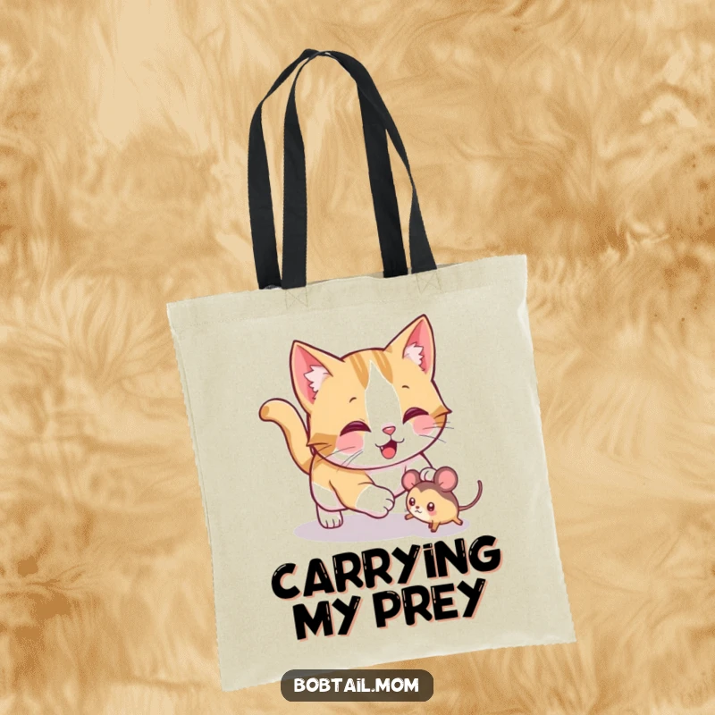 Funny Bobtail cat tote bag featuring a jolly cat playfully pouncing on a toy mouse, perfect for carrying items with playful flair.